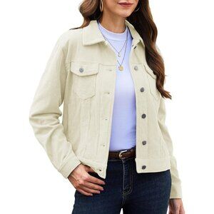 Women Beige White Corduroy Cropped Shacket Button Down Long Sleeve Casual Coat
